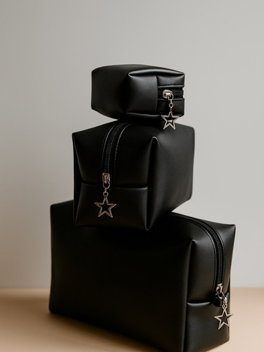 کیف لوازم آرایش چرمی مشکی، ست کامل شامل سه سایز