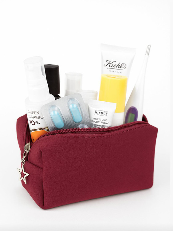 کیف لوازم آرایش و ارگنایزر جیر زرشکی جیر وارداتی