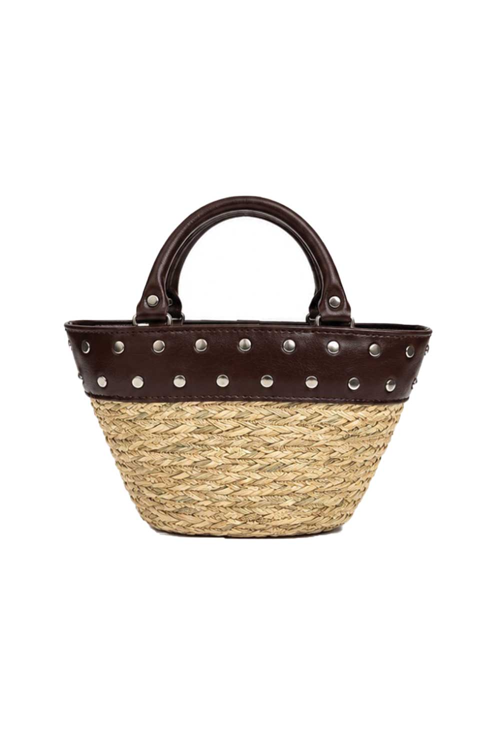 کیف حصیری کوچک دسته چرمی قهوه ای طرح منگو